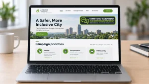 Laptop showing a fictional campaign website with the Committed to Transparency 2026 Questionnaire Participant badge.