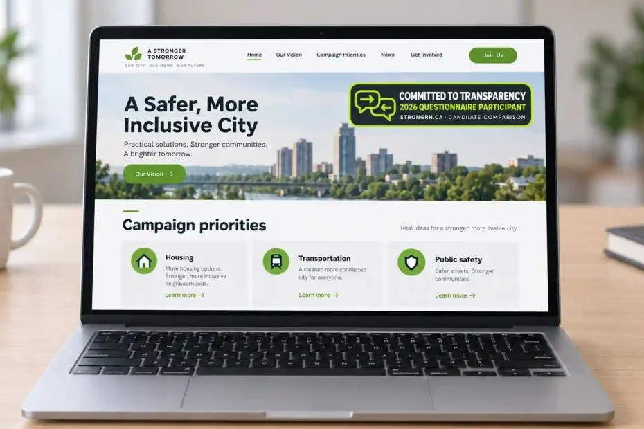 Laptop showing a fictional campaign website with the Committed to Transparency 2026 Questionnaire Participant badge.
